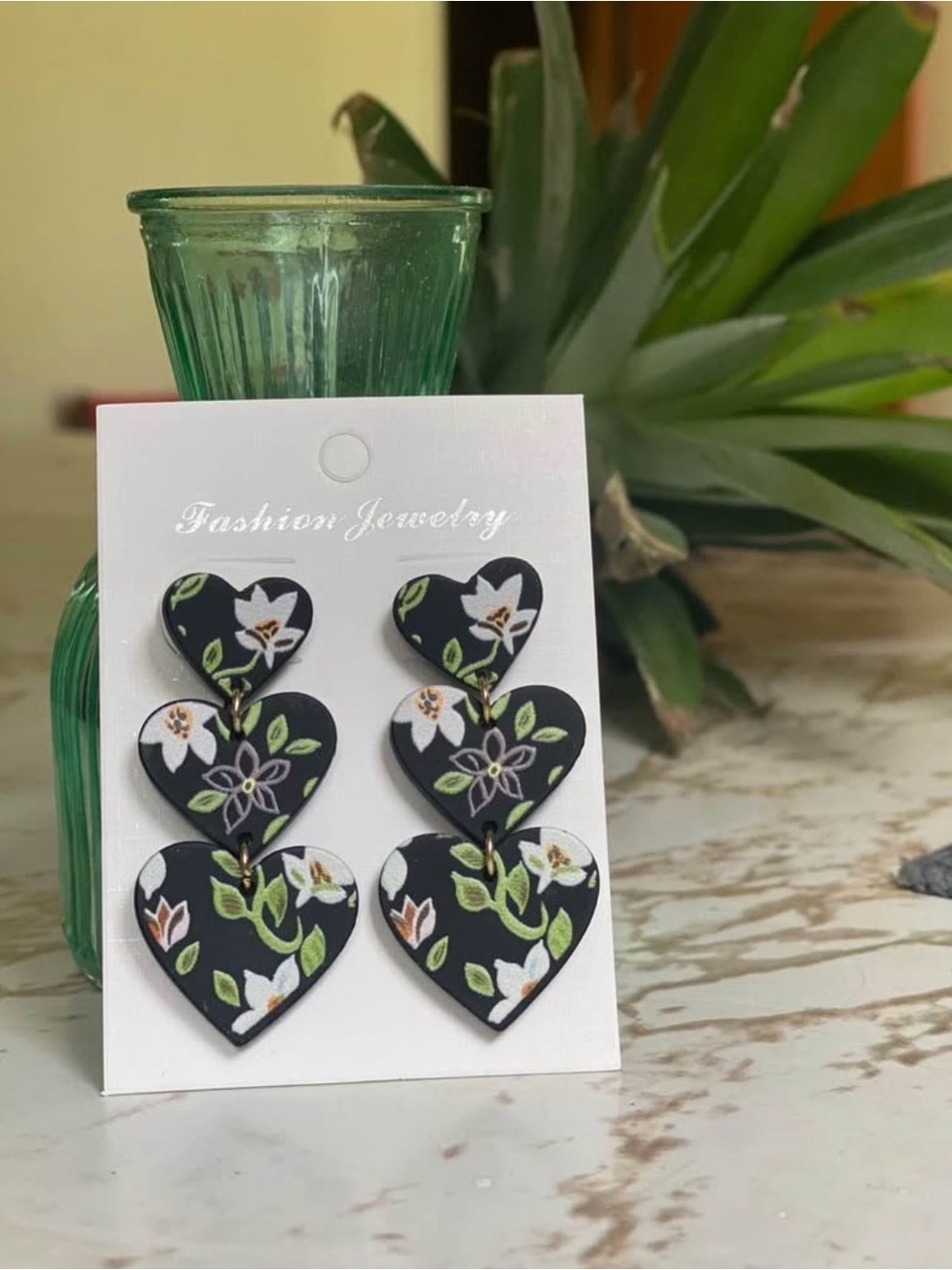 Floral Black Heart Drop Earrings - Elegant Women's Jewelry Ceramic Clay Texture